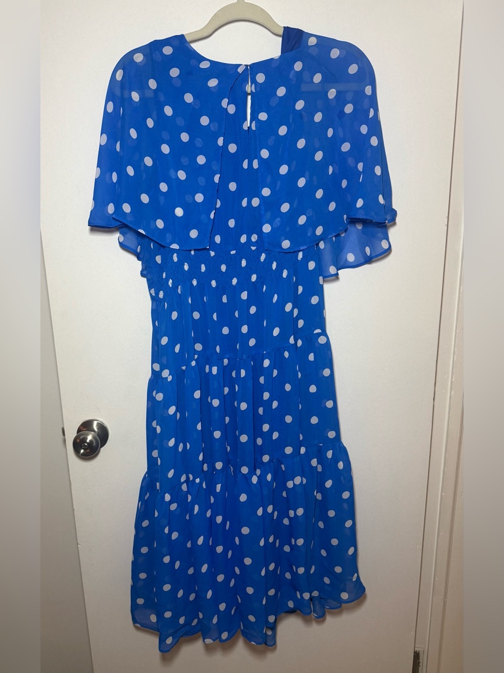 Julian Taylor Blue White Polka Dot Chiffon Layered A-Line Midi Dress Size 14 - Picture 3 of 8